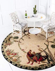 unique loom barnyard collection french country inspired cottage rooster design area rug (4′ 0 x 4′ 0 round, ivory/olive)