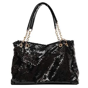 qtkj fashion two tone reversible sequin tote bag zipper shoulder bag with chain and leather straps (black)