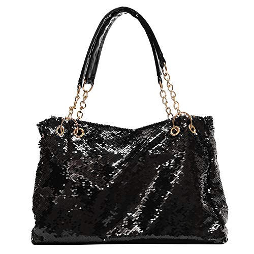 QTKJ Fashion Two Tone Reversible Sequin Tote Bag Zipper Shoulder Bag with Chain and Leather Straps (Black)