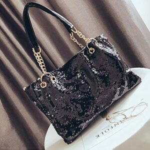 QTKJ Fashion Two Tone Reversible Sequin Tote Bag Zipper Shoulder Bag with Chain and Leather Straps (Black)