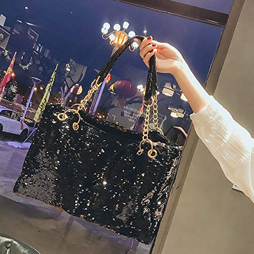 QTKJ Fashion Two Tone Reversible Sequin Tote Bag Zipper Shoulder Bag with Chain and Leather Straps (Black)