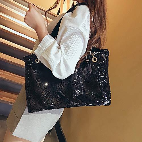 QTKJ Fashion Two Tone Reversible Sequin Tote Bag Zipper Shoulder Bag with Chain and Leather Straps (Black)