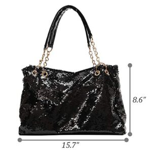 QTKJ Fashion Two Tone Reversible Sequin Tote Bag Zipper Shoulder Bag with Chain and Leather Straps (Black)