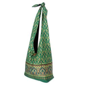 novica green and gold cotton sling cross body bag, royal thai emerald’