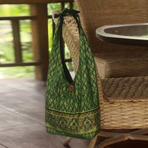 NOVICA Green and Gold Cotton Sling Cross Body Bag, Royal Thai Emerald'