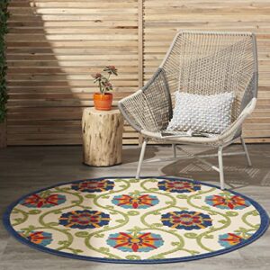 nourison aloha indoor/outdoor blue/multicolor 4′ x round area -rug, easy -cleaning, non shedding, bed room, living room, dining room, deck, backyard, patio (4 round)