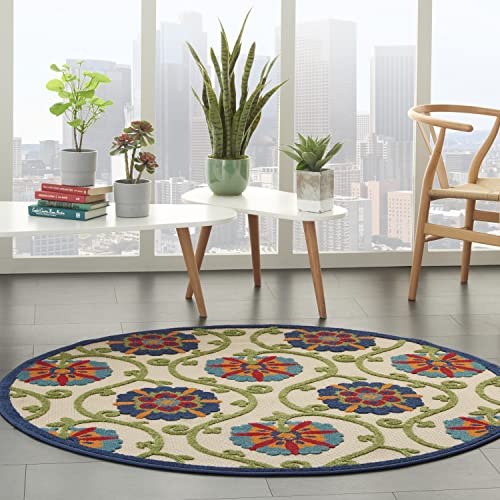 Nourison Aloha Indoor/Outdoor Blue/Multicolor 4' x ROUND Area -Rug, Easy -Cleaning, Non Shedding, Bed Room, Living Room, Dining Room, Deck, Backyard, Patio (4 Round)