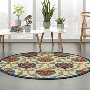 Nourison Aloha Indoor/Outdoor Blue/Multicolor 4' x ROUND Area -Rug, Easy -Cleaning, Non Shedding, Bed Room, Living Room, Dining Room, Deck, Backyard, Patio (4 Round)