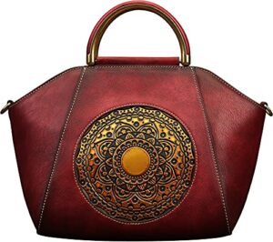 genuine leather handbags for women, organizer top handle satchel vintage embossing totem shoulder bag