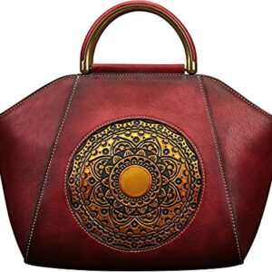 Genuine Leather Handbags for Women, Organizer Top Handle Satchel Vintage Embossing Totem Shoulder Bag