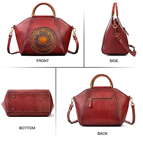 Genuine Leather Handbags for Women, Organizer Top Handle Satchel Vintage Embossing Totem Shoulder Bag