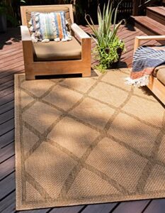 unique loom trellis collection area rug-geometric lattice design, moroccan inspired for indoor/outdoor décor, 6 ft x 9 ft, light brown/brown