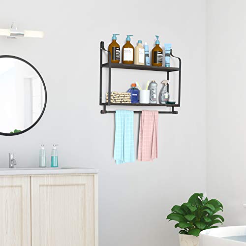 NEARPOW 2 Tier Wall Shelf Floating Shelves Wall Mounted, Pine Wood Industrial Shelves for Wall with Hooks and Towel Toilet Paper Holder, Storage Book Shelf for Pantry, Bathroom, Kitchen, Living Room
