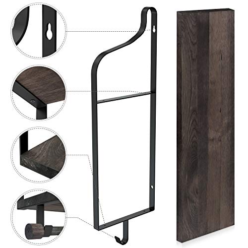 NEARPOW 2 Tier Wall Shelf Floating Shelves Wall Mounted, Pine Wood Industrial Shelves for Wall with Hooks and Towel Toilet Paper Holder, Storage Book Shelf for Pantry, Bathroom, Kitchen, Living Room