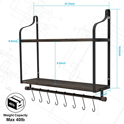 NEARPOW 2 Tier Wall Shelf Floating Shelves Wall Mounted, Pine Wood Industrial Shelves for Wall with Hooks and Towel Toilet Paper Holder, Storage Book Shelf for Pantry, Bathroom, Kitchen, Living Room