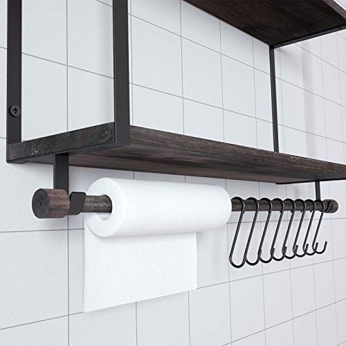 NEARPOW 2 Tier Wall Shelf Floating Shelves Wall Mounted, Pine Wood Industrial Shelves for Wall with Hooks and Towel Toilet Paper Holder, Storage Book Shelf for Pantry, Bathroom, Kitchen, Living Room