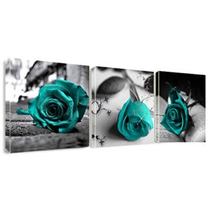 canvas wall art teal rose flowers pictures wall decor -36″ x 12″ gray canvas prints painting framed for bathroom bedroom home decor
