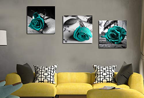 Canvas Wall Art Teal Rose Flowers Pictures Wall Decor -36" x 12" Gray Canvas Prints Painting Framed for Bathroom Bedroom Home Decor