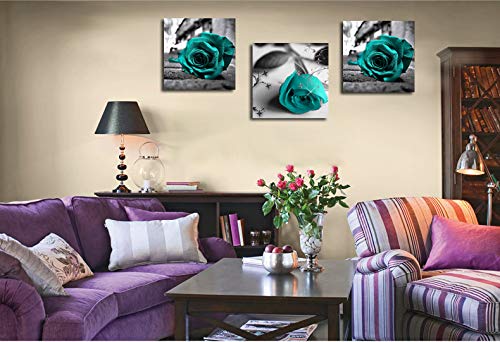 Canvas Wall Art Teal Rose Flowers Pictures Wall Decor -36" x 12" Gray Canvas Prints Painting Framed for Bathroom Bedroom Home Decor