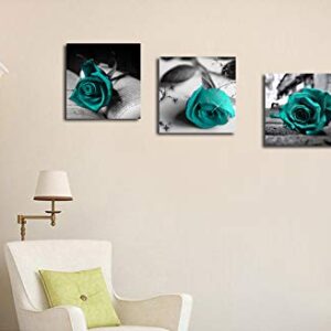 Canvas Wall Art Teal Rose Flowers Pictures Wall Decor -36" x 12" Gray Canvas Prints Painting Framed for Bathroom Bedroom Home Decor