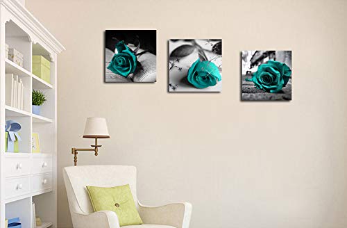 Canvas Wall Art Teal Rose Flowers Pictures Wall Decor -36" x 12" Gray Canvas Prints Painting Framed for Bathroom Bedroom Home Decor