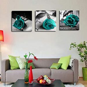 Canvas Wall Art Teal Rose Flowers Pictures Wall Decor -36" x 12" Gray Canvas Prints Painting Framed for Bathroom Bedroom Home Decor