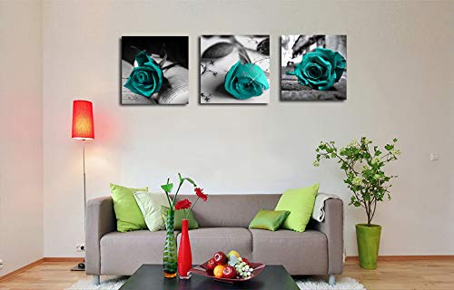 Canvas Wall Art Teal Rose Flowers Pictures Wall Decor -36" x 12" Gray Canvas Prints Painting Framed for Bathroom Bedroom Home Decor