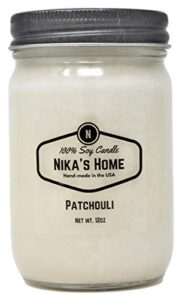nika’s home patchouli soy candle – 12oz mason jar – non-toxic soy candle-hand poured patchouli candle- handmade, long burning candle-highly scented candle-all natural, clean burning candle