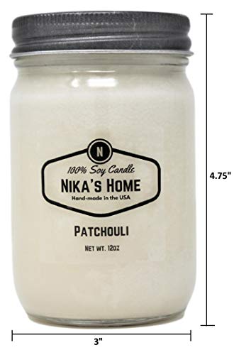 Nika's Home Patchouli Soy Candle - 12oz Mason Jar - Non-Toxic Soy Candle-Hand Poured Patchouli Candle- Handmade, Long Burning Candle-Highly Scented Candle-All Natural, Clean Burning Candle