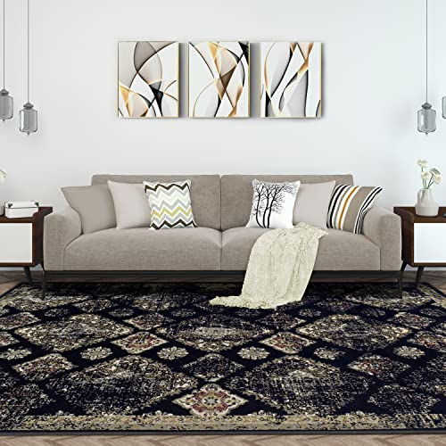 SUPERIOR Large Indoor Area Rug with Jute Backing, Traditional Design Carpet from Egypt for Bedroom, Living Room, Office, Dorm, Kitchen, Entryway, Mayfair Collection 8x10, Black