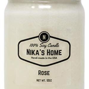 Nika's Home Rose Soy Candle 12oz Mason Jar Non-Toxic White Soy Candle-Hand Poured Candle- Handmade, Long Burning 50-60 Hours Highly Scented All Natural, Clean Burning Large Candle Gift Décor