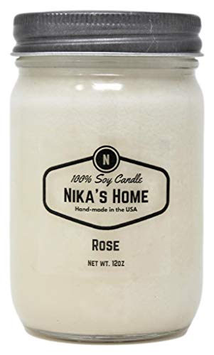 Nika's Home Rose Soy Candle 12oz Mason Jar Non-Toxic White Soy Candle-Hand Poured Candle- Handmade, Long Burning 50-60 Hours Highly Scented All Natural, Clean Burning Large Candle Gift Décor