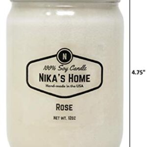 Nika's Home Rose Soy Candle 12oz Mason Jar Non-Toxic White Soy Candle-Hand Poured Candle- Handmade, Long Burning 50-60 Hours Highly Scented All Natural, Clean Burning Large Candle Gift Décor