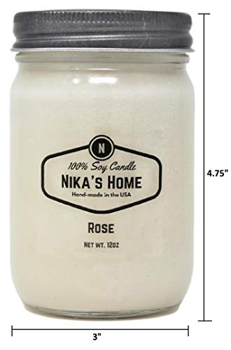 Nika's Home Rose Soy Candle 12oz Mason Jar Non-Toxic White Soy Candle-Hand Poured Candle- Handmade, Long Burning 50-60 Hours Highly Scented All Natural, Clean Burning Large Candle Gift Décor