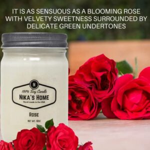 Nika's Home Rose Soy Candle 12oz Mason Jar Non-Toxic White Soy Candle-Hand Poured Candle- Handmade, Long Burning 50-60 Hours Highly Scented All Natural, Clean Burning Large Candle Gift Décor