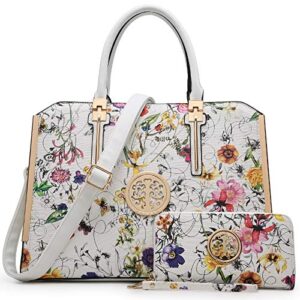 dasein women large handbag purse vegan leather satchel work bag shoulder tote with matching wallet (white flower)