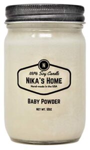 nika’s home baby powder soy candle 12oz mason jar non-toxic white soy candle-hand poured handmade, long burning 50-60 hours highly scented all natural, clean burning large candle gift décor