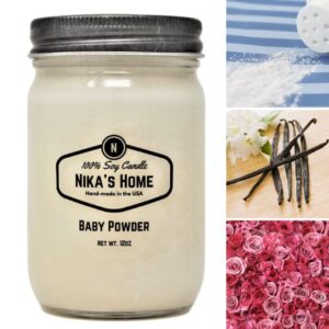 Nika's Home Baby Powder Soy Candle 12oz Mason Jar Non-Toxic White Soy Candle-Hand Poured Handmade, Long Burning 50-60 Hours Highly Scented All Natural, Clean Burning Large Candle Gift Décor