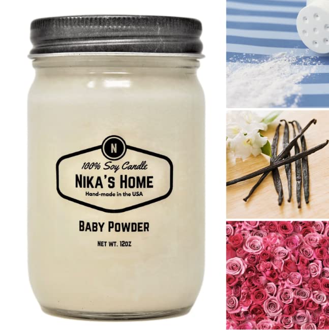 Nika's Home Baby Powder Soy Candle 12oz Mason Jar Non-Toxic White Soy Candle-Hand Poured Handmade, Long Burning 50-60 Hours Highly Scented All Natural, Clean Burning Large Candle Gift Décor