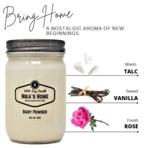 Nika's Home Baby Powder Soy Candle 12oz Mason Jar Non-Toxic White Soy Candle-Hand Poured Handmade, Long Burning 50-60 Hours Highly Scented All Natural, Clean Burning Large Candle Gift Décor