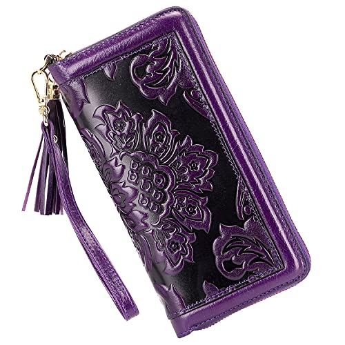 PIJUSHI Leather Wallets For Women Floral Wristlet Wallet Card Holder Purse (91853 Purple)