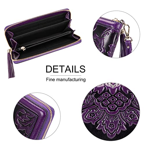 PIJUSHI Leather Wallets For Women Floral Wristlet Wallet Card Holder Purse (91853 Purple)