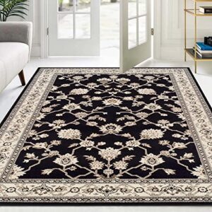 bluenilemills shalimar indoor area rug, floral trellis pattern, palmette motifs, super soft, durable, elegant, oriental, traditional, contemporary style, jute backing, black, 8′ x 10′