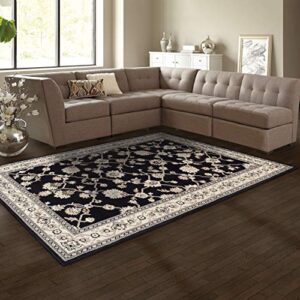 BLUENILEMILLS Shalimar Indoor Area Rug, Floral Trellis Pattern, Palmette Motifs, Super Soft, Durable, Elegant, Oriental, Traditional, Contemporary Style, Jute Backing, Black, 8' x 10'