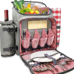 nature gear picnic backpack for 4 – picnic kit – 4 person insulated picnic set and wine backpack with picnic plates, utensils, cutlery, waterproof blanket, cooler, and more – xl classic red