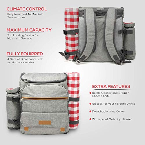 Nature Gear Picnic Backpack for 4 - Picnic Kit - 4 Person Insulated Picnic Set and Wine Backpack with Picnic Plates, Utensils, Cutlery, Waterproof Blanket, Cooler, and More - XL Classic Red