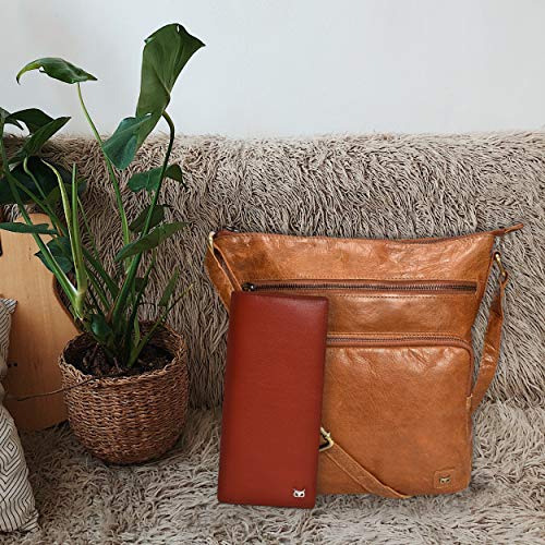 Wise Owl Genuine Leather Crossbody Handbags & Purses for Women -Premium Crossover Over the Shoulder Bag (Cognac Multi-Wax)