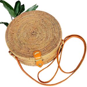 kbinter handwoven round rattan straw bag for women shoulder leather button straps natural chic handmade boho bag bali purse (1 pack)