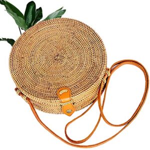 Kbinter Handwoven Round Rattan Straw Bag for Women Shoulder Leather Button Straps Natural Chic Handmade Boho Bag Bali Purse (1 Pack)