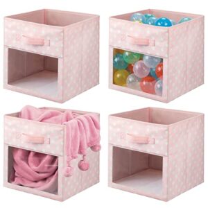 mdesign fabric nursery/playroom closet storage organizer bin box, front handle/window for cube furniture shelving unit, hold toys, clothes, diapers, bibs, 4 pack, pink/white polka dot